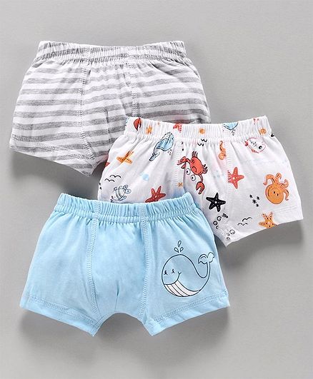 Babyoye Cotton Trunks Aquatic Animals Print Pack of 3 - White Sky Blue Light Grey