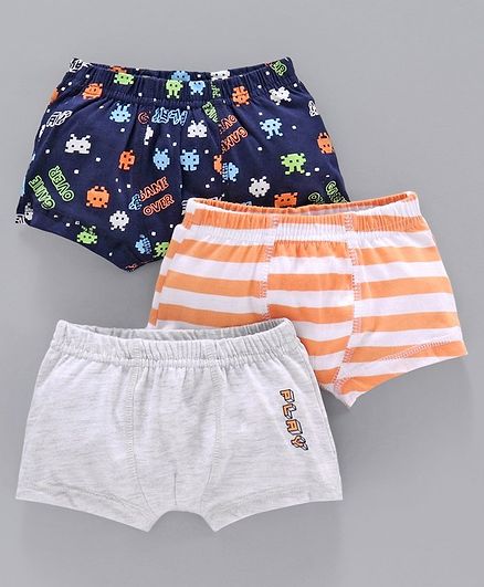 Babyoye Printed & Striped Trunks Pack of 3 - Navy Melange Orange