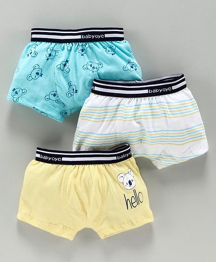 Babyoye Cotton Trunks Bear Print Pack of 3 - Blue White Yellow