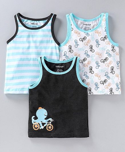 Babyoye Cotton Striped and Printed Sleeveless Vest Pack of 3 - Blue Black