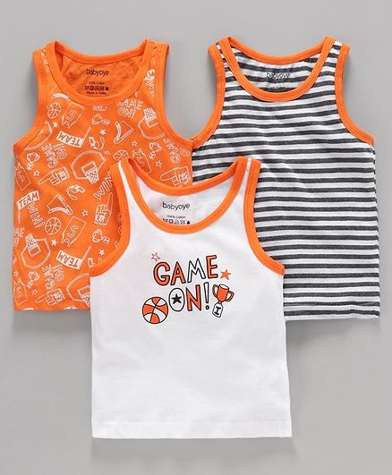Babyoye Cotton Striped and Printed Sleeveless Vest Pack of 3 - Orange White