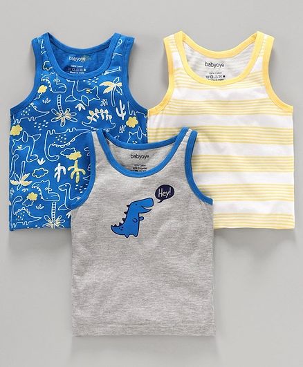 Babyoye Cotton Striped and Printed Sleeveless Vest Pack of 3 - Blue Grey Yellow