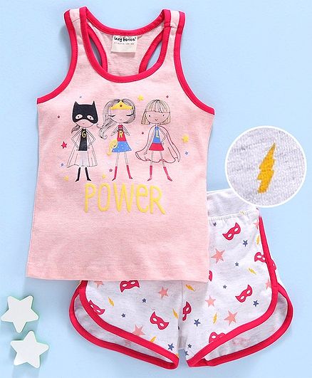 Ollypop Sleeveless Tee With Shorts Graphic Print - Pink White
