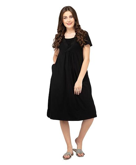 Mamacouture Solid Front Pocket Half Sleeves Maternity & Nursing Night Dress - Black