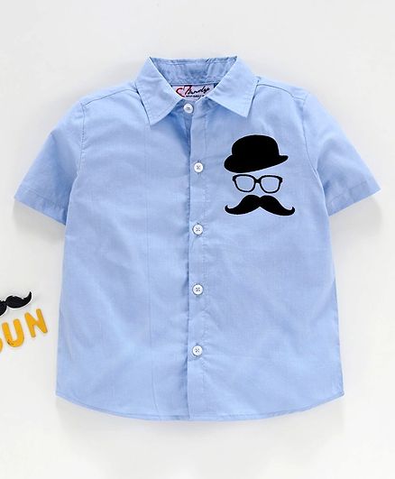 M'andy Half Sleeves Moustache Patch Shirt - Blue