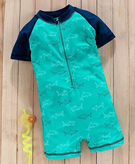 Babyhug Half Sleeves Legged Swimsuit Shark Print - Green