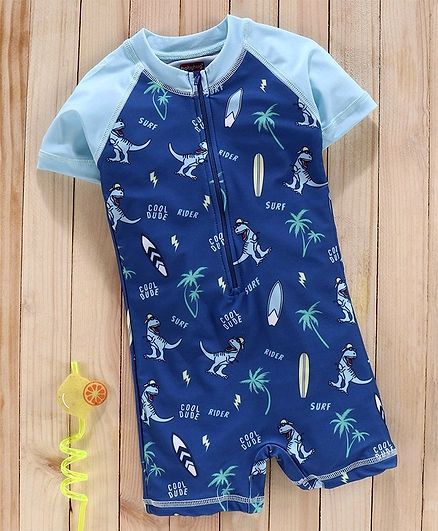 Babyhug Half Sleeves Legged Swimsuit Dino Print - Blue