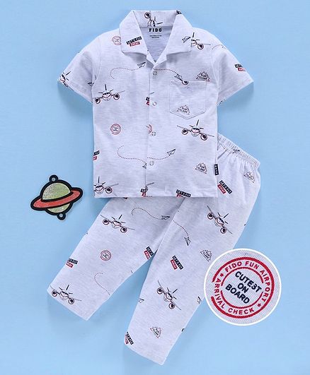 Fido Half Sleeves Night Suit Aeroplane Print - Grey