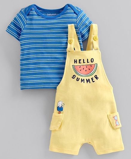Babyoye Dungaree with Half Sleeves Striped Tee Watermelon Print - Yellow Blue
