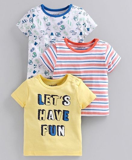Babyoye Half Sleeves Cotton Striped & Printed Tee Pack of 3 - Yellow White