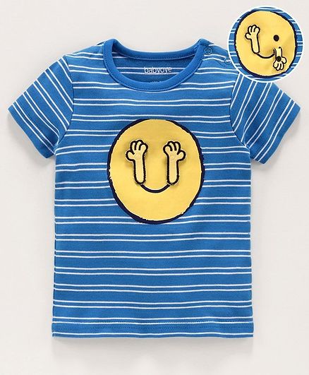 Babyoye Half Sleeves Striped Cotton Tee 3D Hand Design - Royal Blue