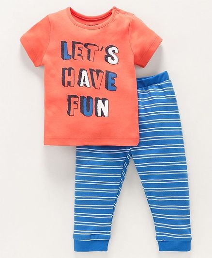Babyoye Cotton Short Sleeves Tee & Stripe Bottoms Text Print - Coral Blue