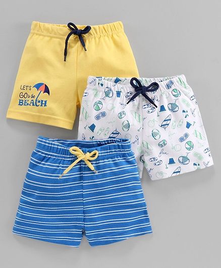 Babyoye Cotton Printed & Striped Shorts Pack of 3 - Yellow Blue White