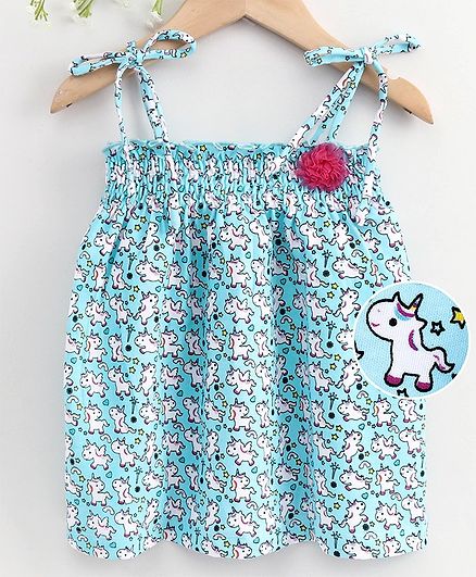 Mom's Love Sleeveless Frock Unicorn Print - Blue