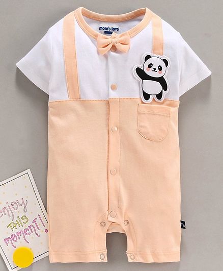Mom's Love Half Sleeves Romper Panda Applique - Peach