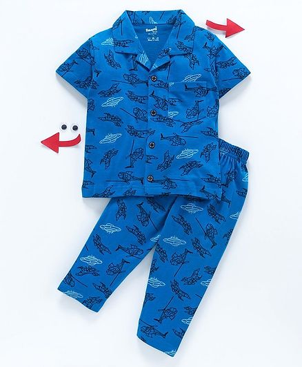 Smarty Half Sleeves Night Suit Spaceship Print - Blue