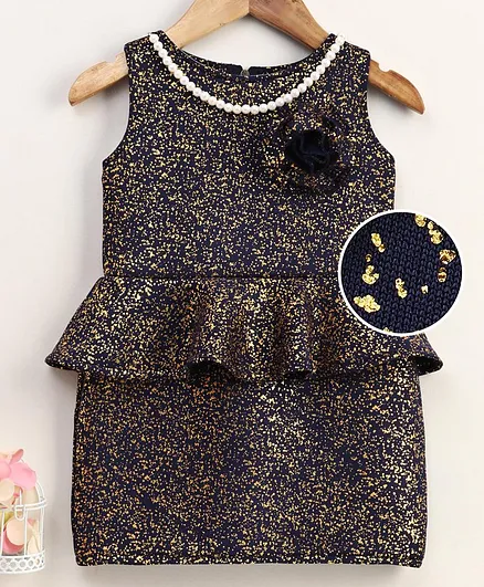 The KidShop Golden Foil Printed Sleeveless Peplum Dress - Navy Blue