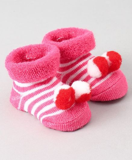 Cute Walk by Babyhug Striped Ankle Length Sock Shoes - Pink Red