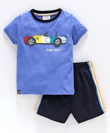 Ollypop Half Sleeves Tee & Shorts Car Print - Blue