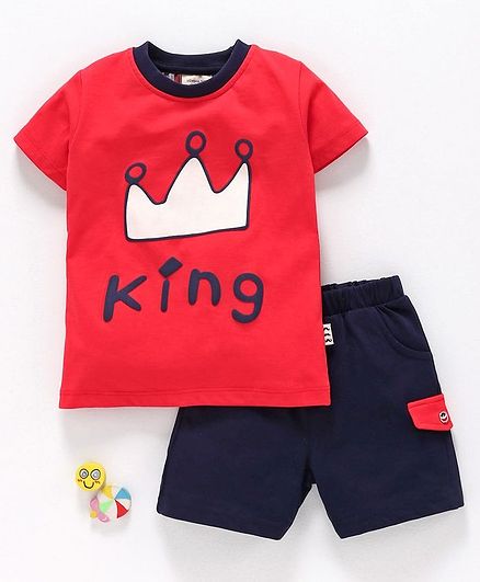 Ollypop Half Sleeves Tee & Shorts King Print - Navy Blue Red