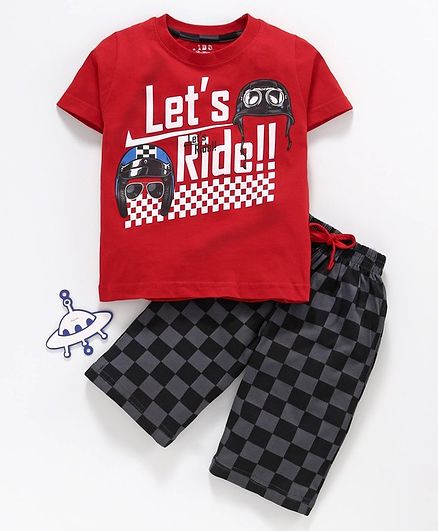 Fido Half Sleeves Tee and Check Lounge Pant Let's Ride Print - Red Grey