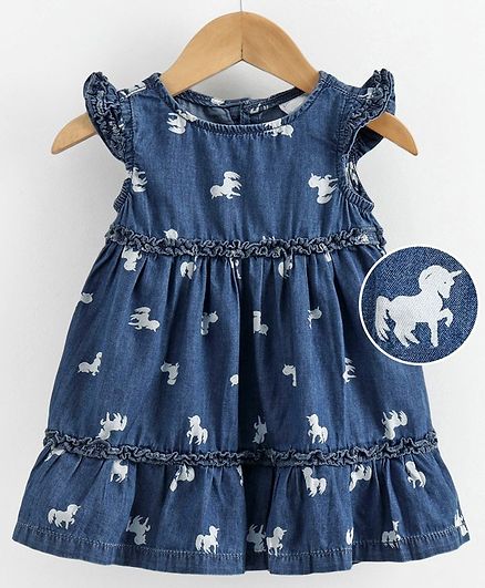 Babyoye Flutter Sleeves Denim Frock Unicorn Print - Blue