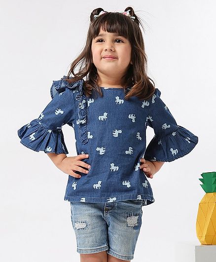 Babyoye Bell Sleeves Denim Cotton Top Unicorn Print - Blue