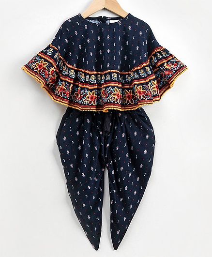 Babyoye Half Sleeves Poncho Top & Balloon Pant Floral Print - Navy Blue