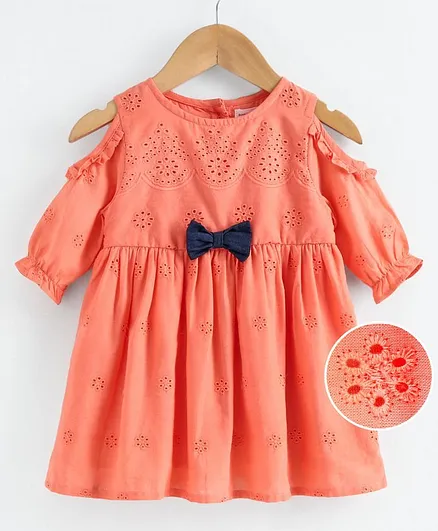 Babyoye Cotton Cold Shoulder Frock Bow Applique - Coral