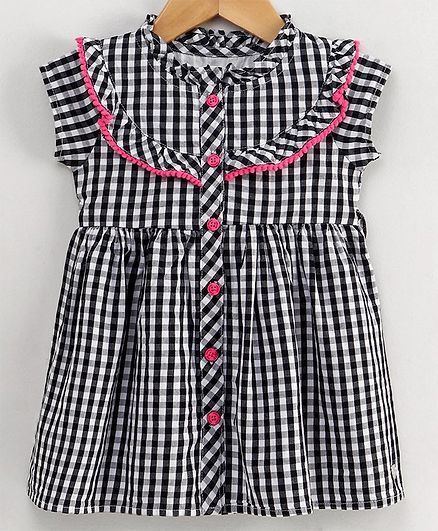 Babyoye Cotton Cap Sleeves Checked Frock - White Black