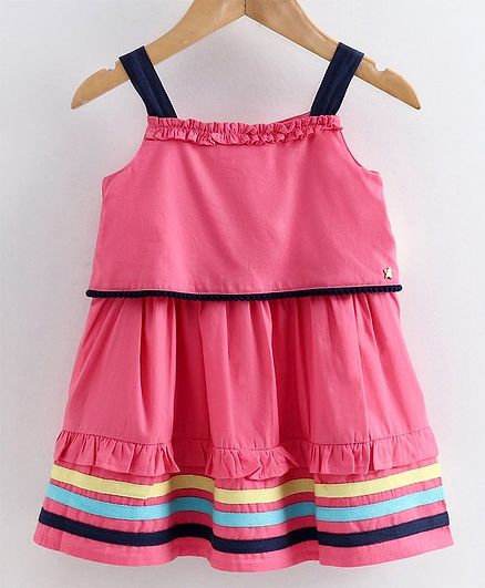 Babyoye Sleeveless Cotton Overlay Twill Tape Frock - Pink