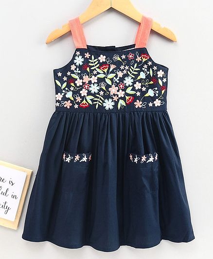 Babyoye Cotton Sleeveless Frock Floral Embroidery - Navy Blue
