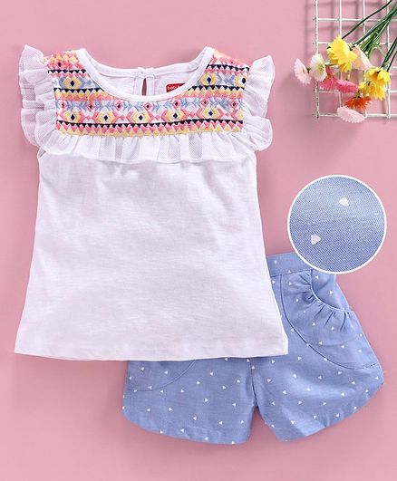 Babyhug Frill Sleeves Embroidered Top and Shorts Set - White Blue