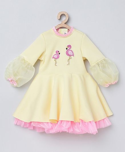 Tutus By Tutu Full Puffed Sleeves Flamingo Patch Dress - Cream