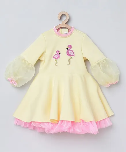 Tutus By Tutu Full Puffed Sleeves Flamingo Patch Dress - Cream
