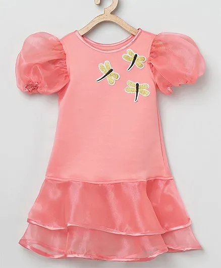 Tutus By Tutu Short Sleeves Dragon Fly Patch Dress - Peach