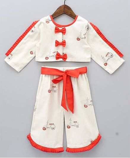 Tutus By Tutu Three Fourth Sleeves Bow Detailed Scooter Print Top With Pants - Cream
