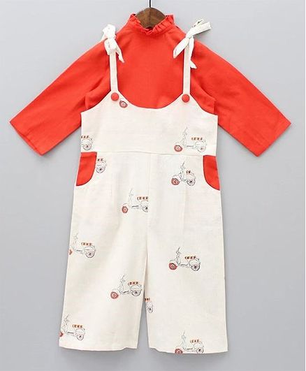 Tutus By Tutu Full Sleeves High Neck Solid Top With Sleeveless Scooter Print Dungaree - Cream Red