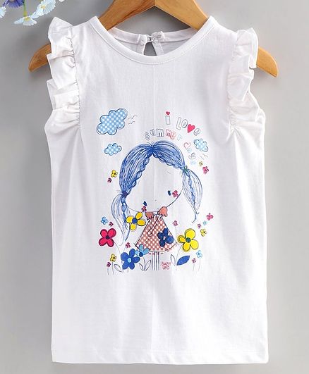 Under Fourteen Only Short Sleeves Doll Print Top - White