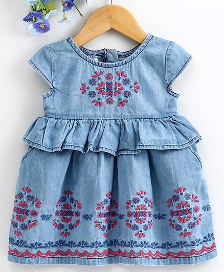 Under Fourteen Cap Sleeves Flower Embroidered Layered Dress - Blue