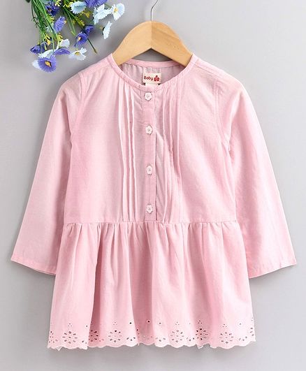 Under Fourteen Only Full Sleeves Schiffli Embroidered Hem Top - Light Pink