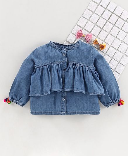 Under Fourteen Only Solid Full Sleeves Ruffled Top - Blue