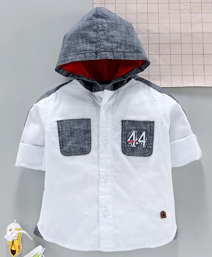 Under Fourteen Only Full Sleeves 44 Number Patch Detailing Hooded Shirt - White