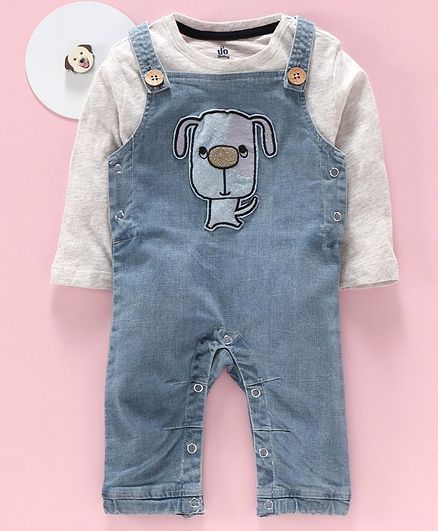 Under Fourteen Only Full Sleeves Pug Life Print Tee With Dog Patch Romper - Grey Blue