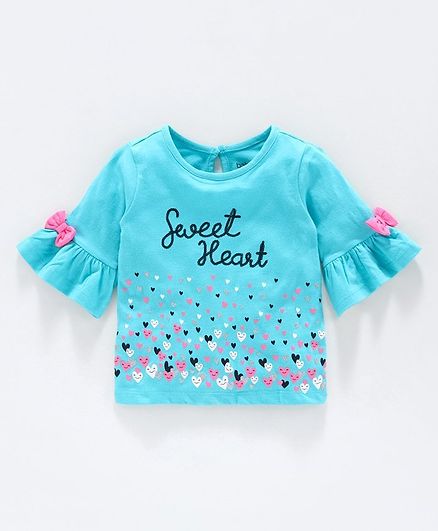Babyoye Cotton Bell Sleeves Top Sequinned Sweet Heart Detailing - Blue