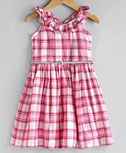 Babyoye Cotton Sleeveless Checked Frock - Pink White