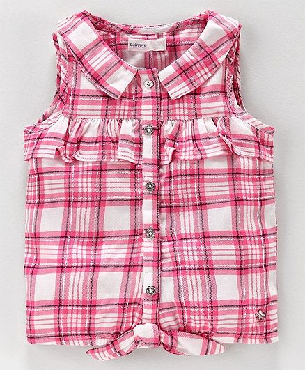 Babyoye Cotton Sleeveless Checked Top - Pink White White