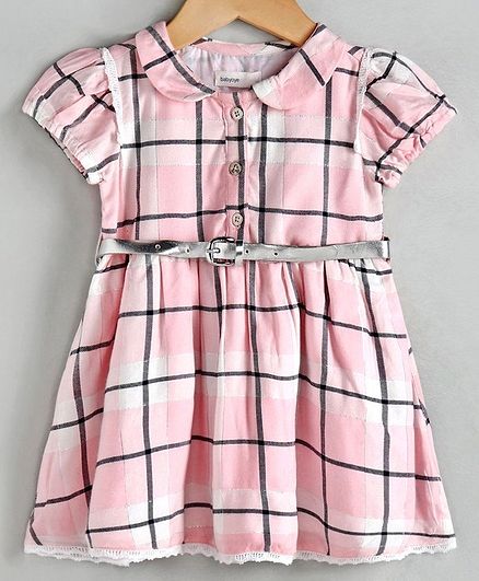 Babyoye Cotton Cap Sleeves Checked Frock with Belt - Pink