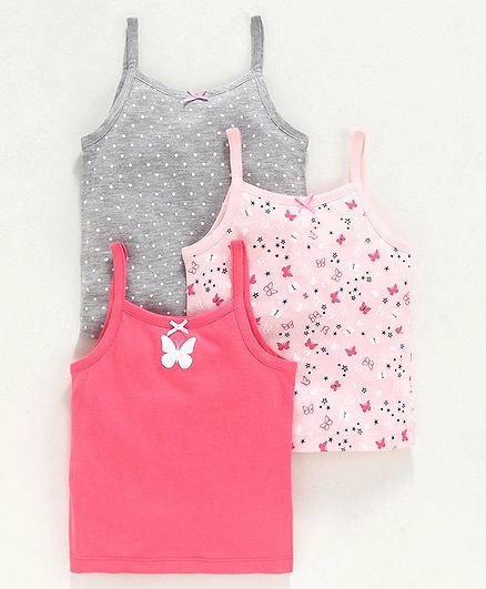 Babyoye Cotton Singlet Slips Butterfly & Dot Print Pack of 3 - Grey Pink Orange