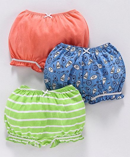 Babyoye Cotton Bloomers Milk Bottle Print Pack of 3 - Orange Blue Green
